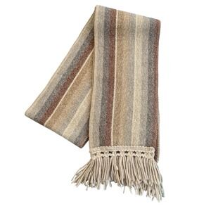 Vintage‎ Earth Tone Striped Wool Scarf Brown Tan Cream Crochet Fringe 63 Inch